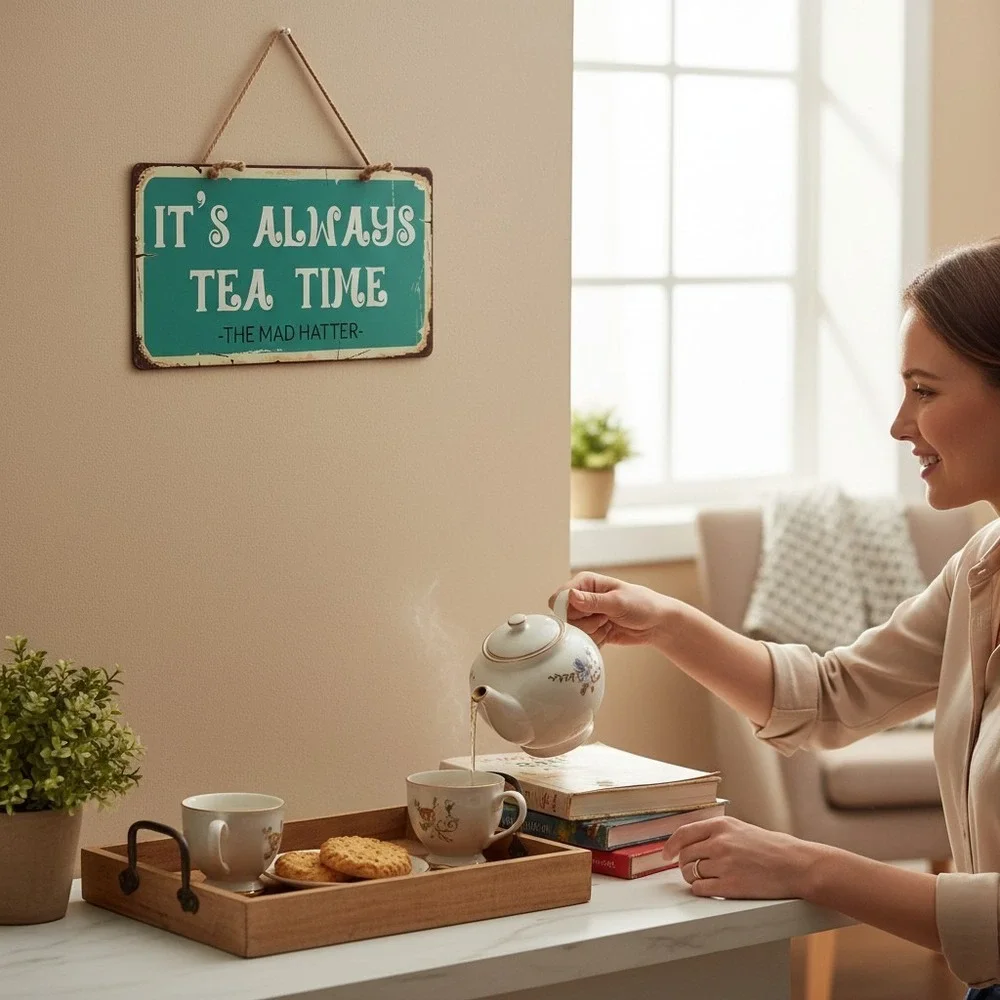 StickerPirate It's Always Tea Time Sign Teal Mad Hatter 929HS New